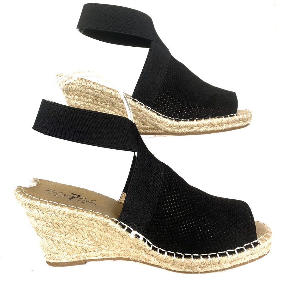 Vintage 7 Eight Ankle Strap Black Wedge Sandals 8 M